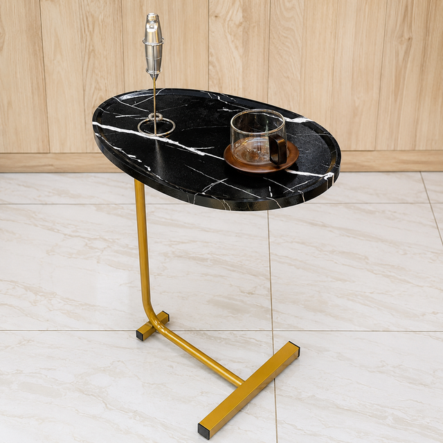 Modern black marble C-shaped side table with a gold metal frame, ideal for living rooms, bedrooms, offices, and sofa-side use.