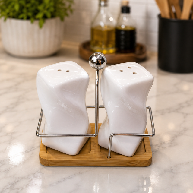 Modern Ceramic Salt & Pepper Shaker Set with Bamboo Base
