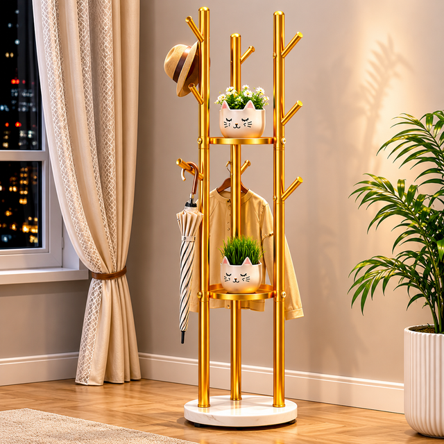 Modern gold metal coat rack stand with storage shelves for hats, clothes, umbrellas, and flower pots in a stylish home interior.