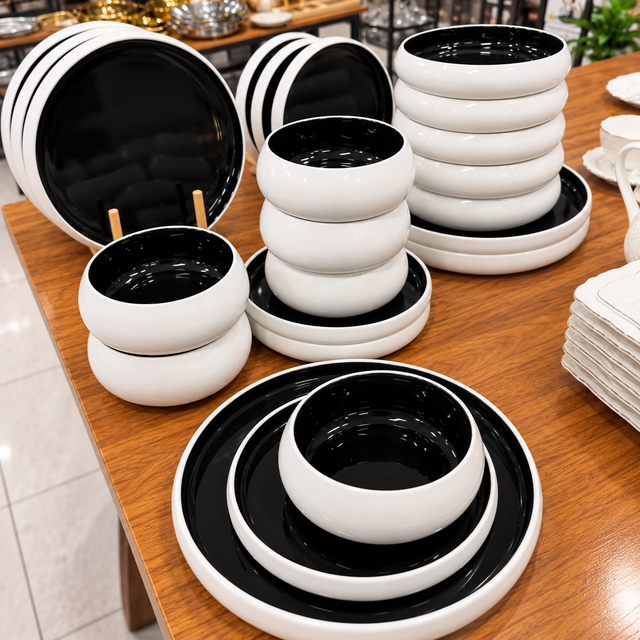 Dinner set black and white double glaze ceramic, 24 pieces for 6 — iDecorators Kenya