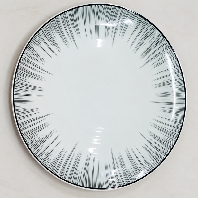 Round Ceramic Dinner Plates with Grey Radial Line Design and Black Rim, 10.5 Inch — 6 Pieces spn