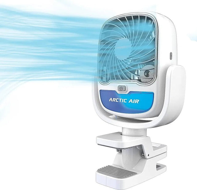 An Arctic Air evaporative cooler with a white body and blue details, featuring a front-facing fan with a visible rotation, mounted on a clamp.