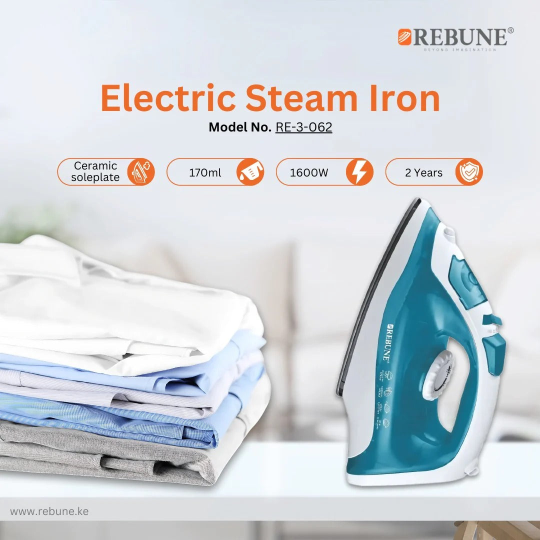 Rebune 1600W Steam Iron Dry Ironing Function, Self-Cleaning, Spray & Steam Function- (White & Blue)