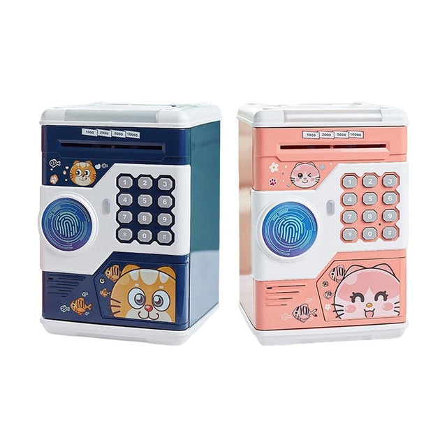 Two piggy banks with digital interfaces, one in blue and one in pink, both with cute animal faces and a numeric keypad on the front.