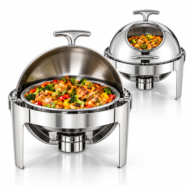 Stainless Steel Round Roll Top Chafing Dish with Viewing Window, 6 Litres