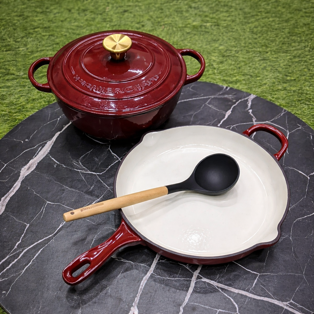 Premium Enamel Cast Iron Cookware Set 3pcs – 28cm Casserole & Skillet with Gold Knobs | Durable Multi-Purpose Cooking Pots Kenya