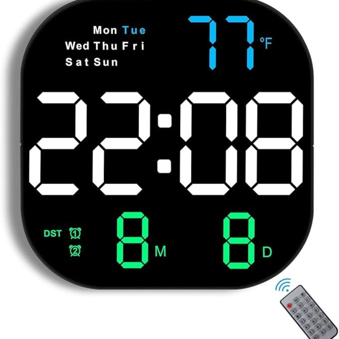 Display LED Digital Wall Clock with Date Temperature Auto Dimming Day of Week with Remote Control Perfect for Home Office
