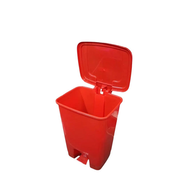 Red trash bin with open lid on a white background