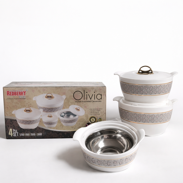 Set of ceramic cookware with lid and packaging labeled 'Olivia' on a white background.
