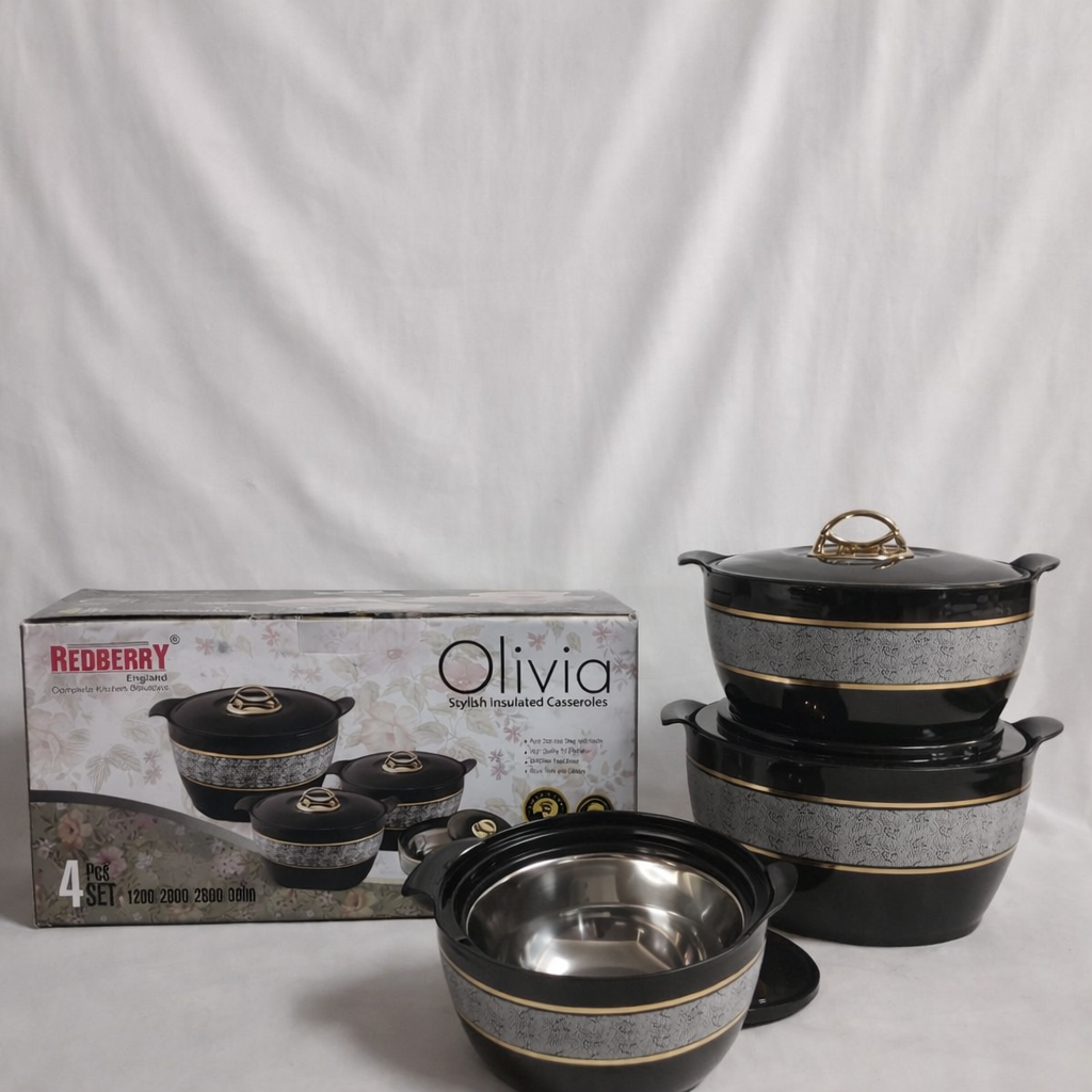 Set of black and gold casseroles with Olivia branding and Redberry packaging.