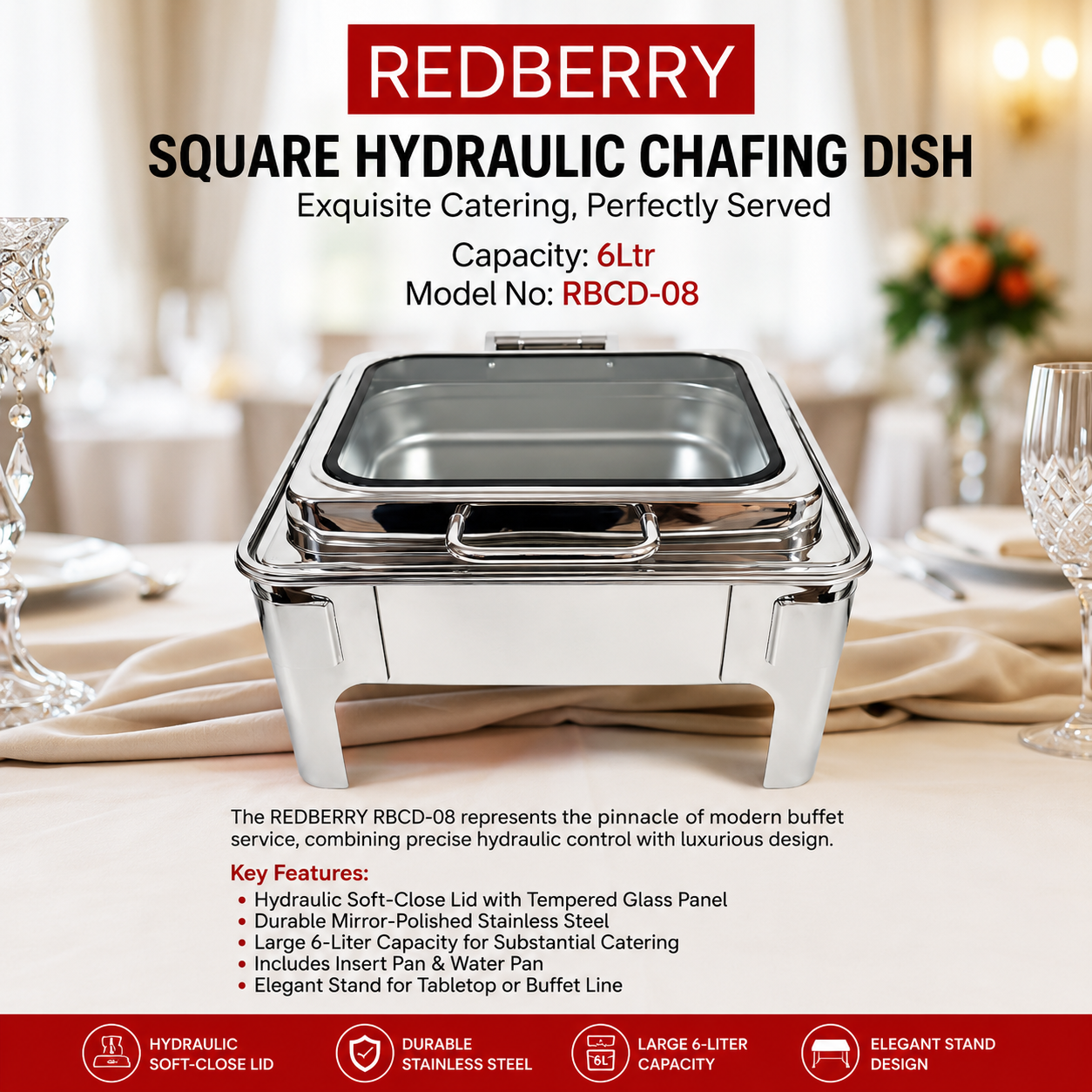Redberry square hydraulic chafing dish 6 litre stainless steel buffet food warmer with soft-close glass lid for catering and hotel serving in Kenya