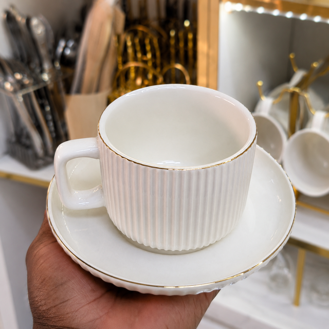 Ribbed Ceramic Cup & Saucer Set – Set of 6
