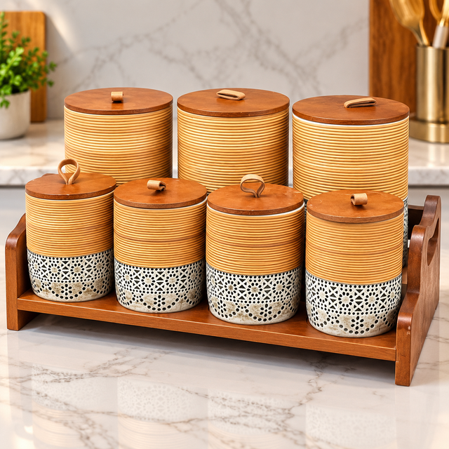 Ribbed Ceramic Kitchen Storage Canisters spn