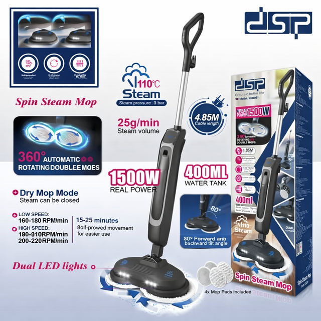 Spin Steam Mop with packaging and features displayed on a white background