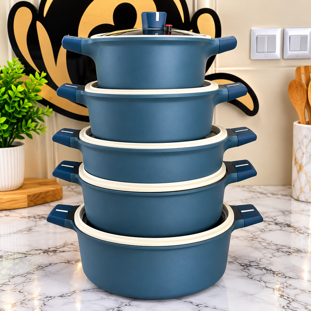 UCC Life Navy Blue Cookware Set with Cream Trimmed Lids, Induction Compatible — 10 Pieces