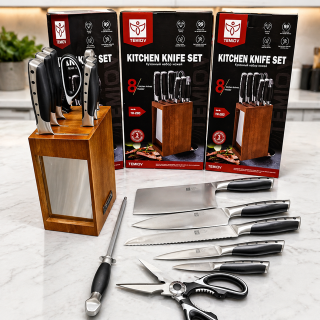 Shop 8pcs stainless steel knife set in Kenya. Sharp, durable kitchen knives with wooden block, scissors and sharpener for professional cooking.