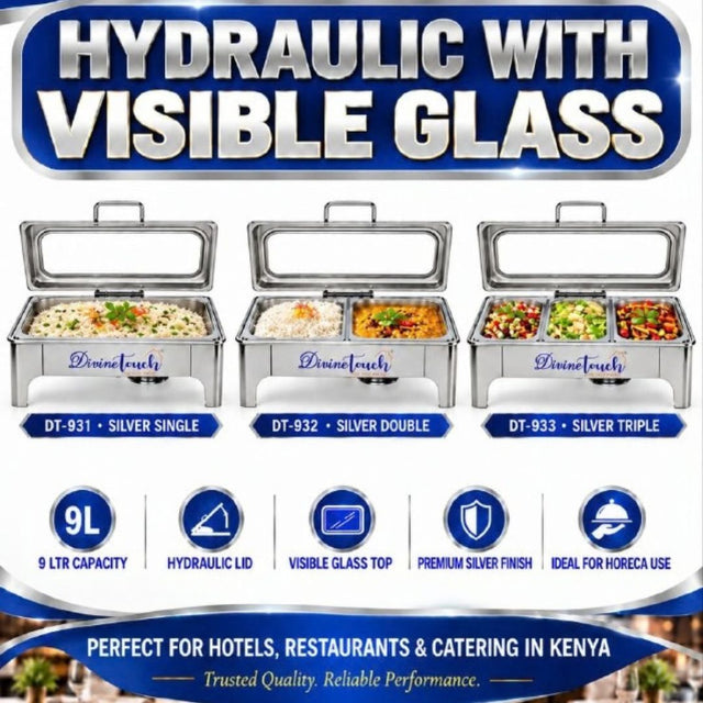 Stainless Steel Rectangular Hydraulic Chafing Dish with Glass Lid, 9 Litres divi