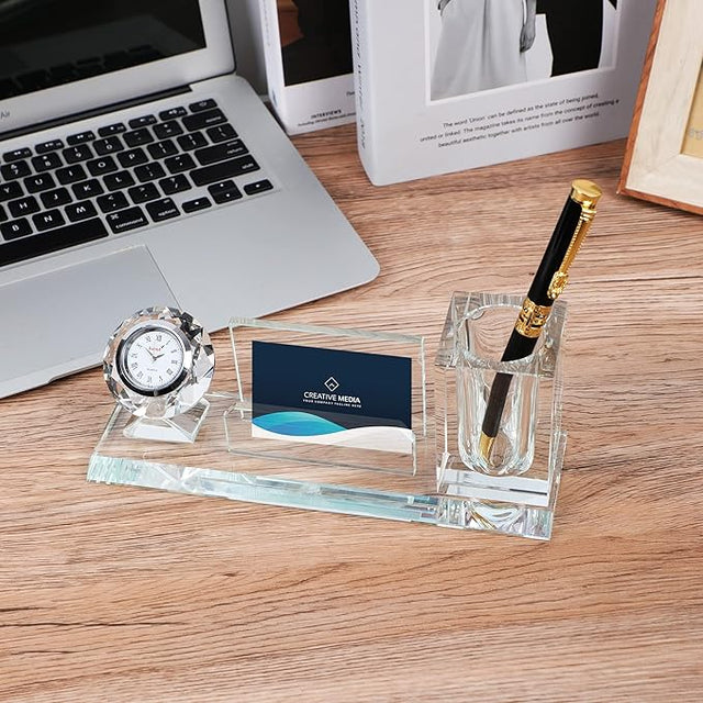 Crystal glass Desktop clock & pen holder set