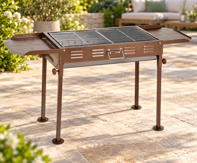 Charcoal BBQ grill bronze steel with foldable side shelves outdoor garden — iDecorators Kenya