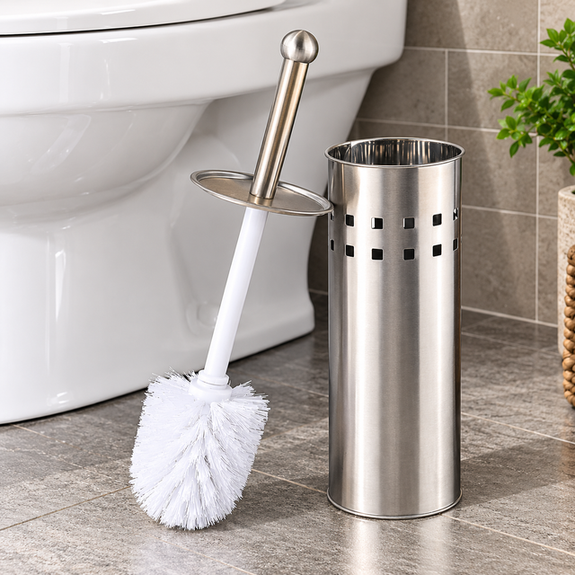 Toilet brush and holder stainless steel with white bristles on white background — iDecorators Kenya