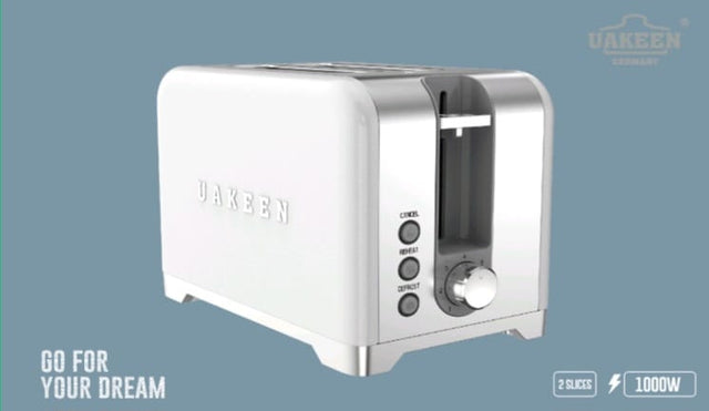 UAKEEN Germany 1000W 2-slice retro toaster in matte black with chrome trim, cancel reheat and defrost function buttons and browning level dial