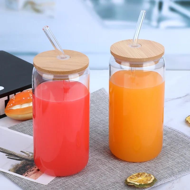 Bamboo lid glass with lid and straw