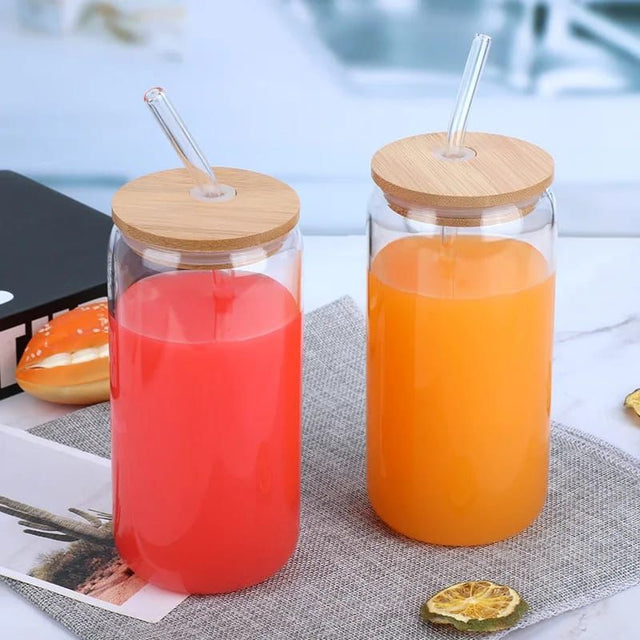 Bamboo lid glass with lid and straw