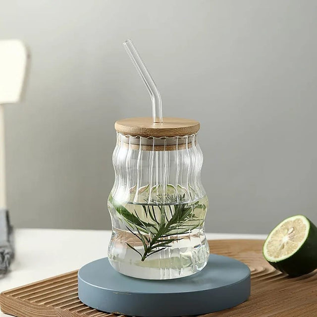 500ml high quality borosilicate stripped glass with lid and straw