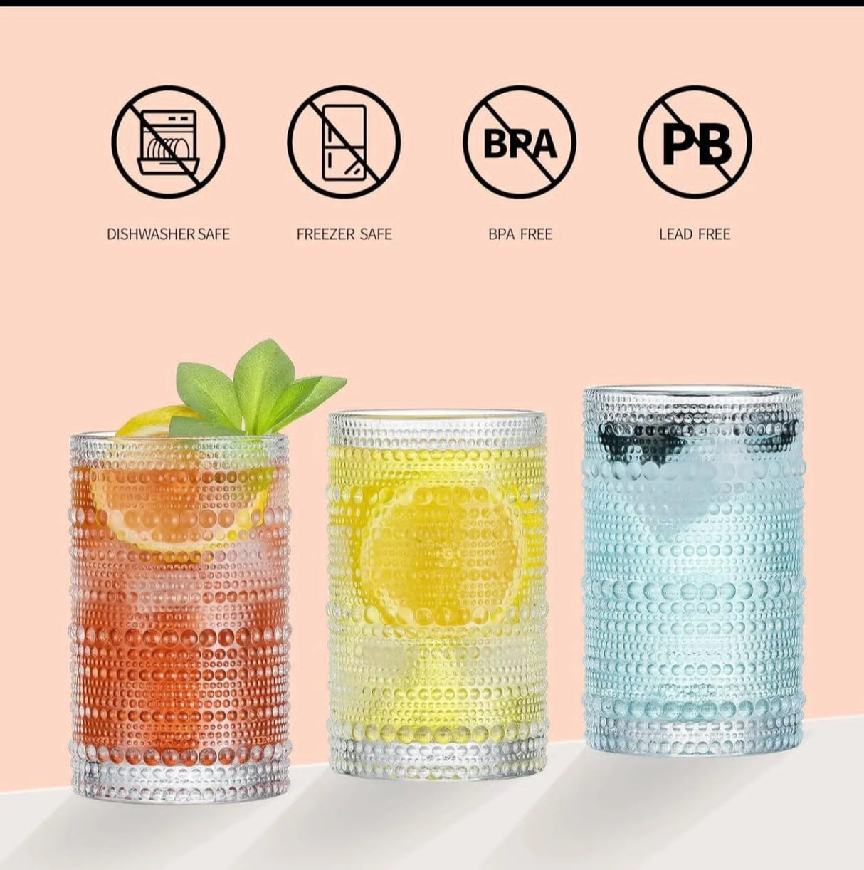 Vintage Embossed Dots pattern transparent Glass 6 pcs set
