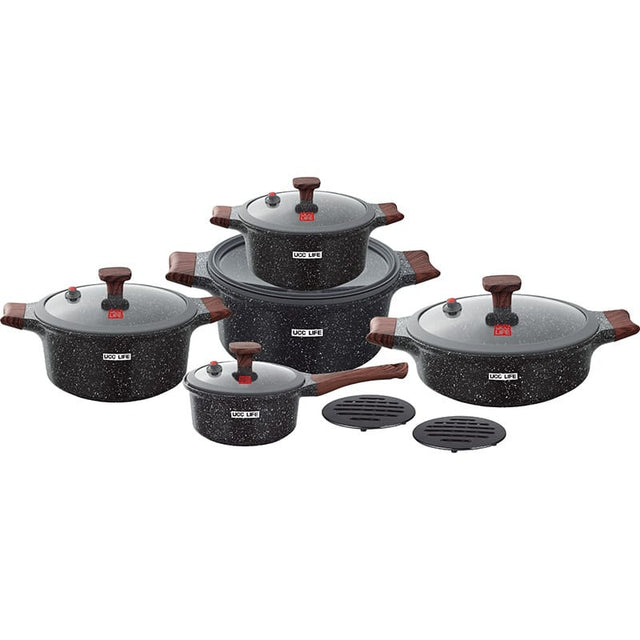 12Pcs UCC LIFE Granite Die-Cast Nonstick Cookware Set.