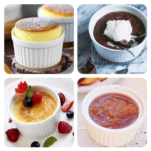 Ramekin Dessert Bowls – Set of 3
Material: Durable ceramic, ideal for both baking and serving
Color: Classic white for a clean, timeless look
Design: Compact and elegant, perfect for individual servings of desserts, dips, or sauces
Use: Oven, microwave, and dishwasher safe – great for crème brûlée, soufflés, or snacks