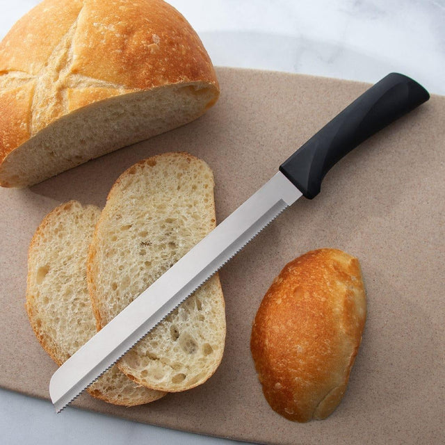 Bread Knife – Stainless Steel with Plastic Handle
Material: Stainless steel blade with durable plastic handle
Blade: Serrated edge for clean and easy slicing of all types of bread
Handle: Comfortable plastic grip for firm, safe handling
Use: Ideal for slicing through loaves, baguettes, cakes, and pastries with precision and ease