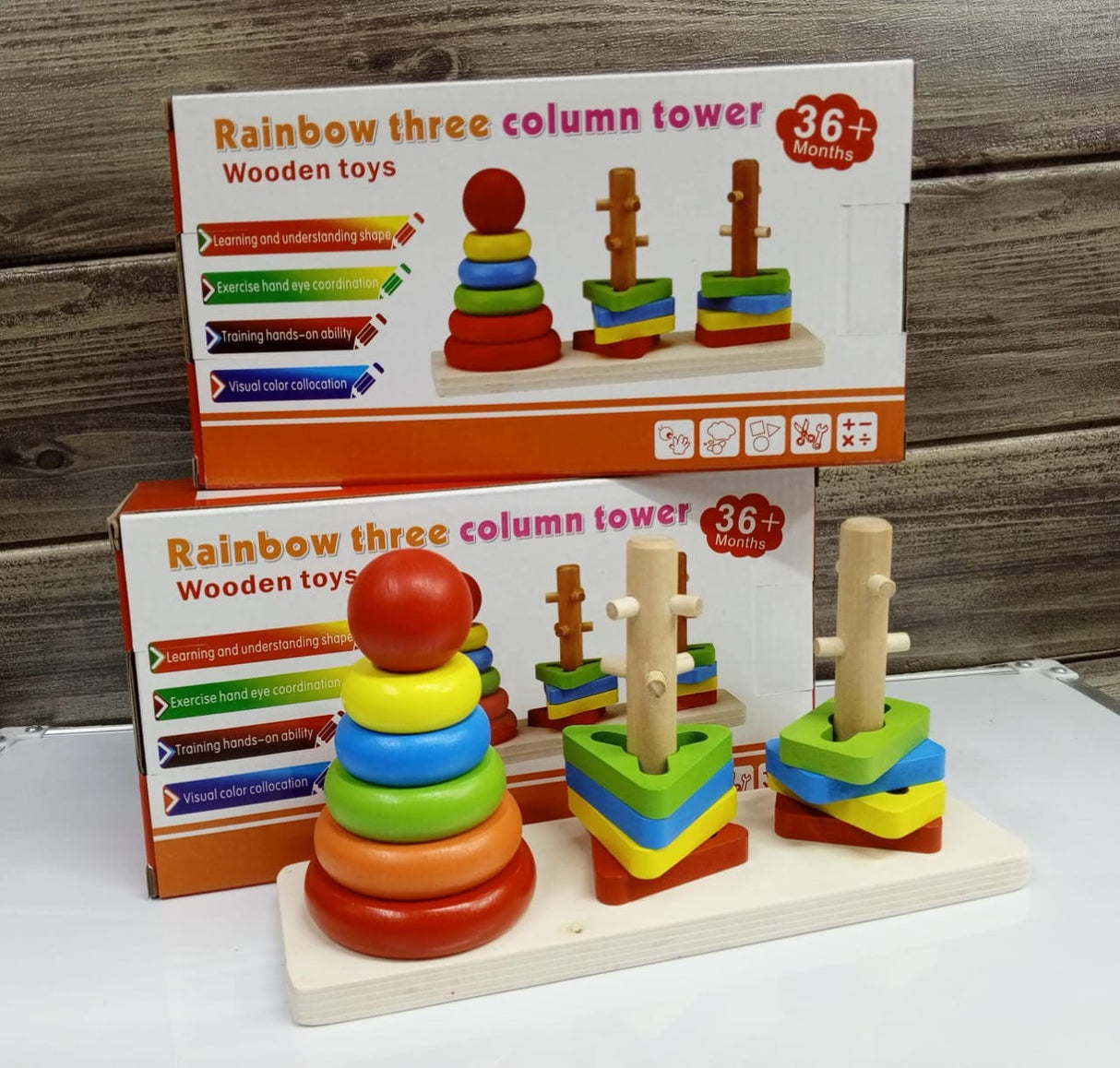 Rainbow Three Column Tower – Wooden Educational Toy (36+ Months)