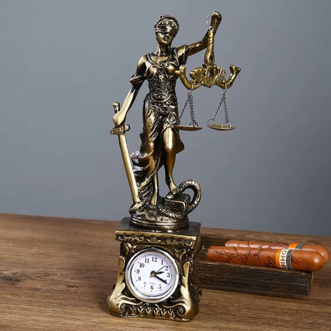 A bronze statue of the goddess Themis with a scale and a sword, standing atop a clock, on a wooden surface with a cigar box beside it.