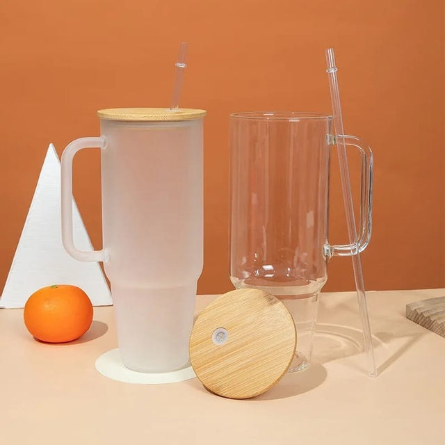 Borosilacate Bamboo Drinking Glass Cup/Tumbler with lid + Straw
