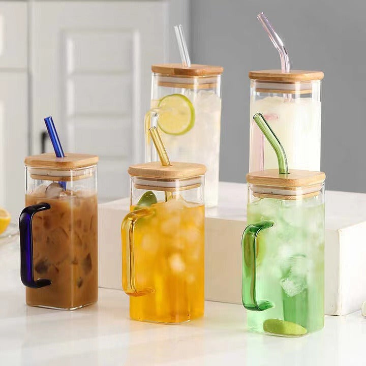 broscillate square glass with straw(coloured)500ml