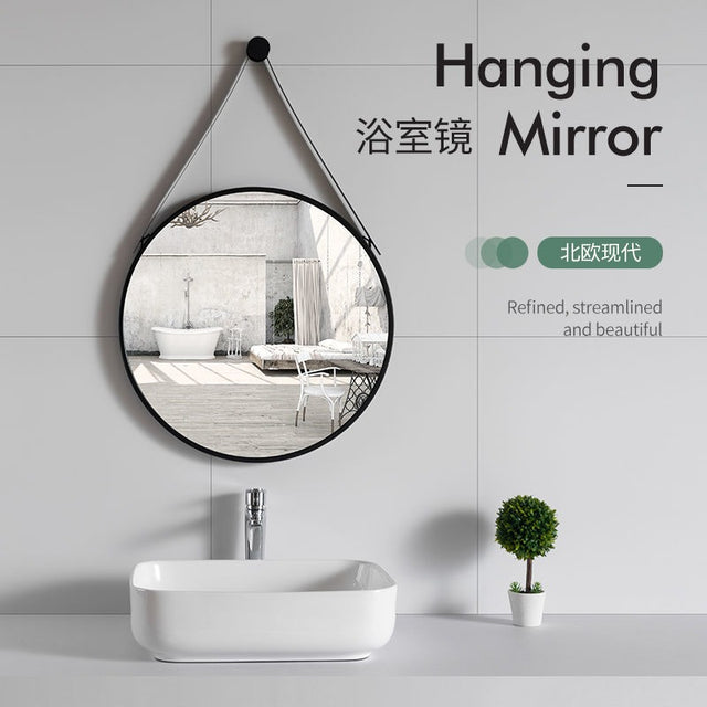 Nordic Wall Hanging Decorative Mirror / Creative Living Room Round Vanity Mirror / Bathroom Mirror with Leather strap