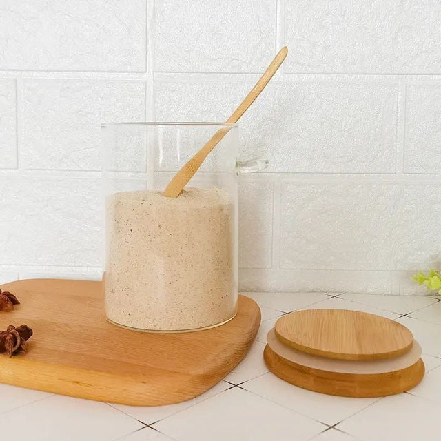 Glass spice / storage jar with spoon and bamboo lid