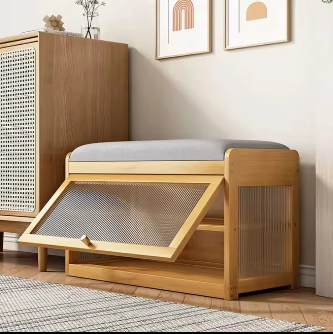 Wooden stool with shoe cabinet