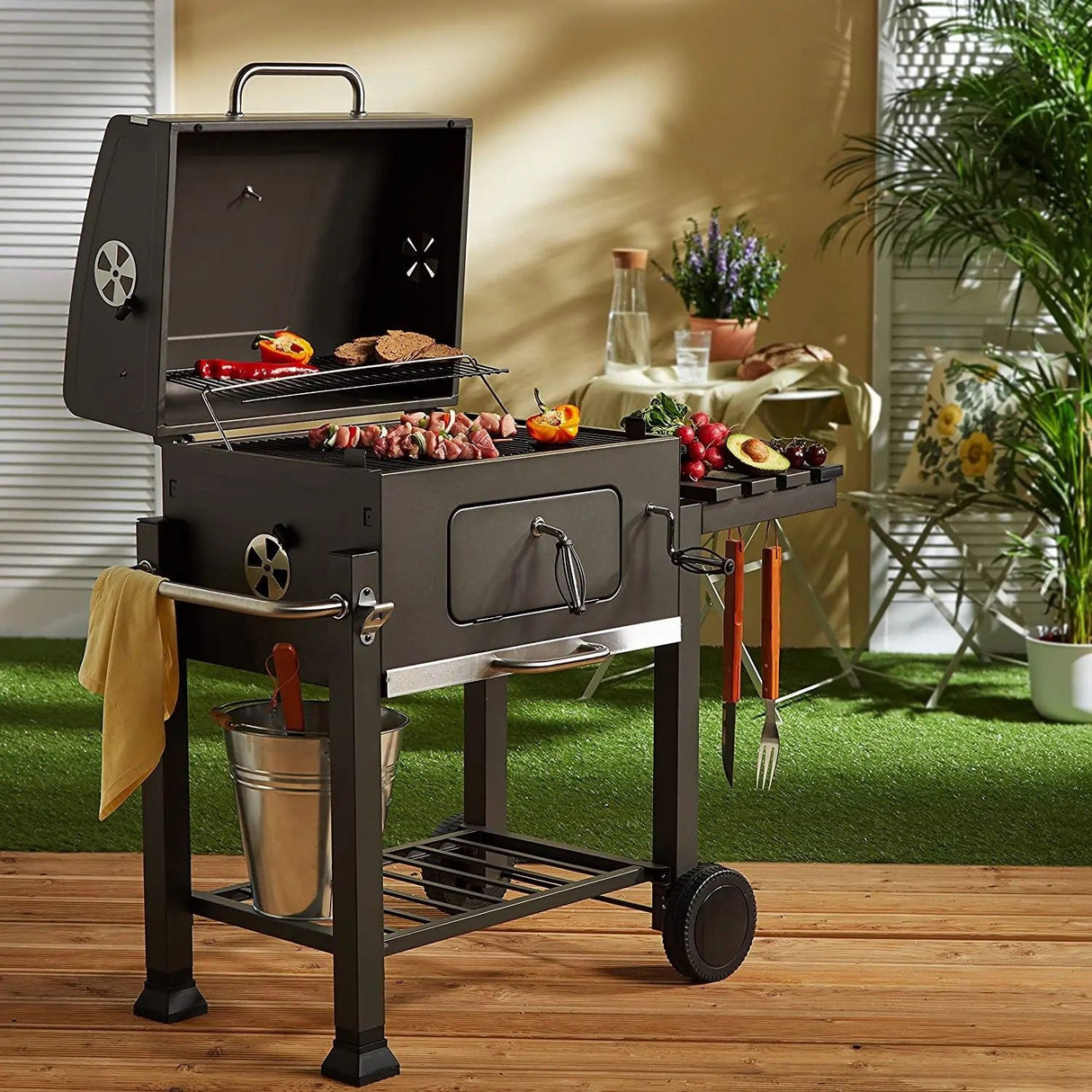 Outdoor Garden Barbecue Portable BBQ Grill Outdoor Large Charcoal Trolley Rectangular BBQ Barbecue Grill