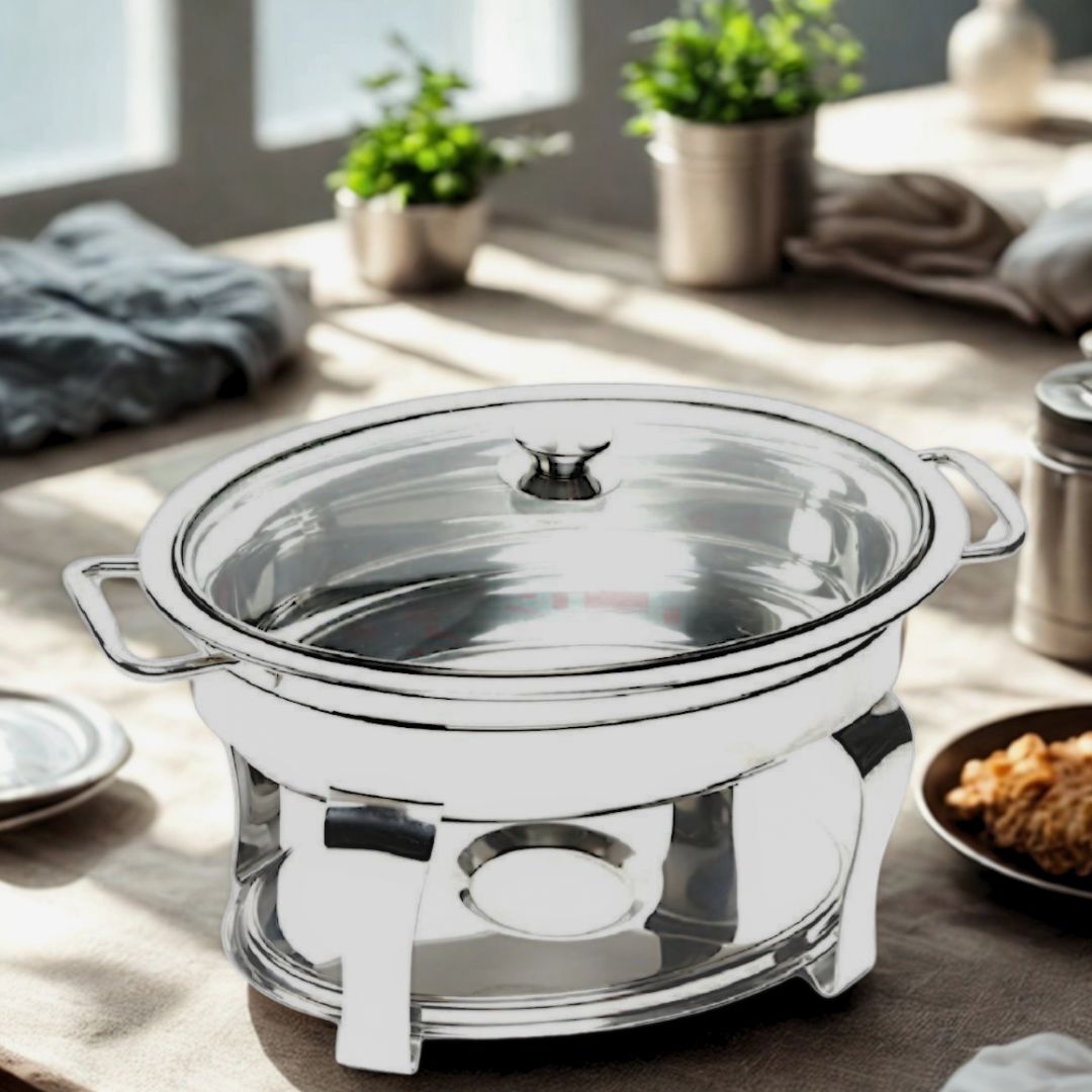 Oval Shape Cheffing Dish with Glass Lid Single Compartment 5.5 Ltr