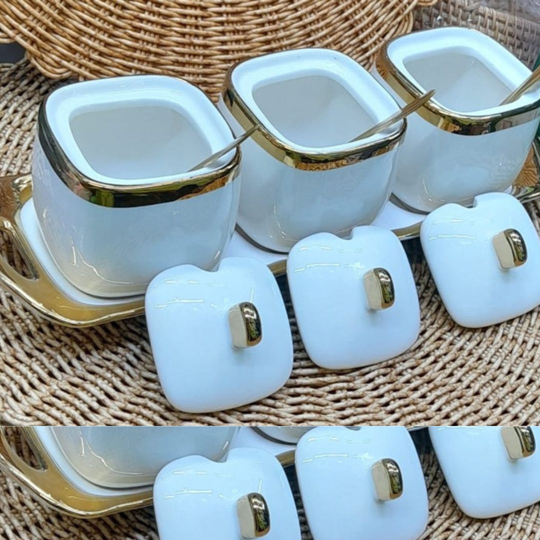 3pc ceremic canister set with tray and teaspoon