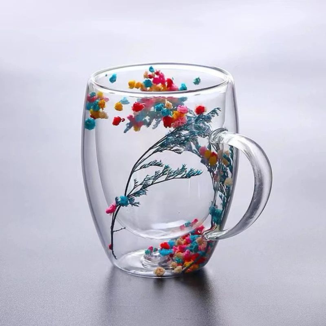 insulated Double Wall Glass Cup Dried Flower Coffee Cup with Handle Household Hot