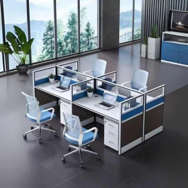 4-Seater Modular Office Workstation
Design: Sleek, space-efficient 4-person setup with individual working cubicles.
Material: High-quality laminated MDF with sturdy aluminum partition frames.
Storage: Each desk includes a 3-drawer pedestal for organized filing.
Privacy Panels: Fitted with fabric & glass dividers for privacy and openness.
Ideal For: Open-plan offices, co-working spaces, and modern work environments.
Chairs: Comes with ergonomic mesh chairs—comfortable and breathable.