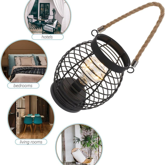 Retro Metal Wire Table Lamp Industrial Cage Lantern Led Desk Stand Night Light