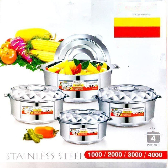 Material: Made from durable, food-grade stainless steel that resists rust and corrosion.
Insulated: Double-wall insulation keeps food hot and fresh for extended periods.
Lid Design: Comes with matching lids for secure heat retention and convenient serving.
Easy to Clean: Smooth surface allows for quick and hygienic cleaning.
Uses: Ideal for storing and serving hot meals at home, parties, or family gatherings.
