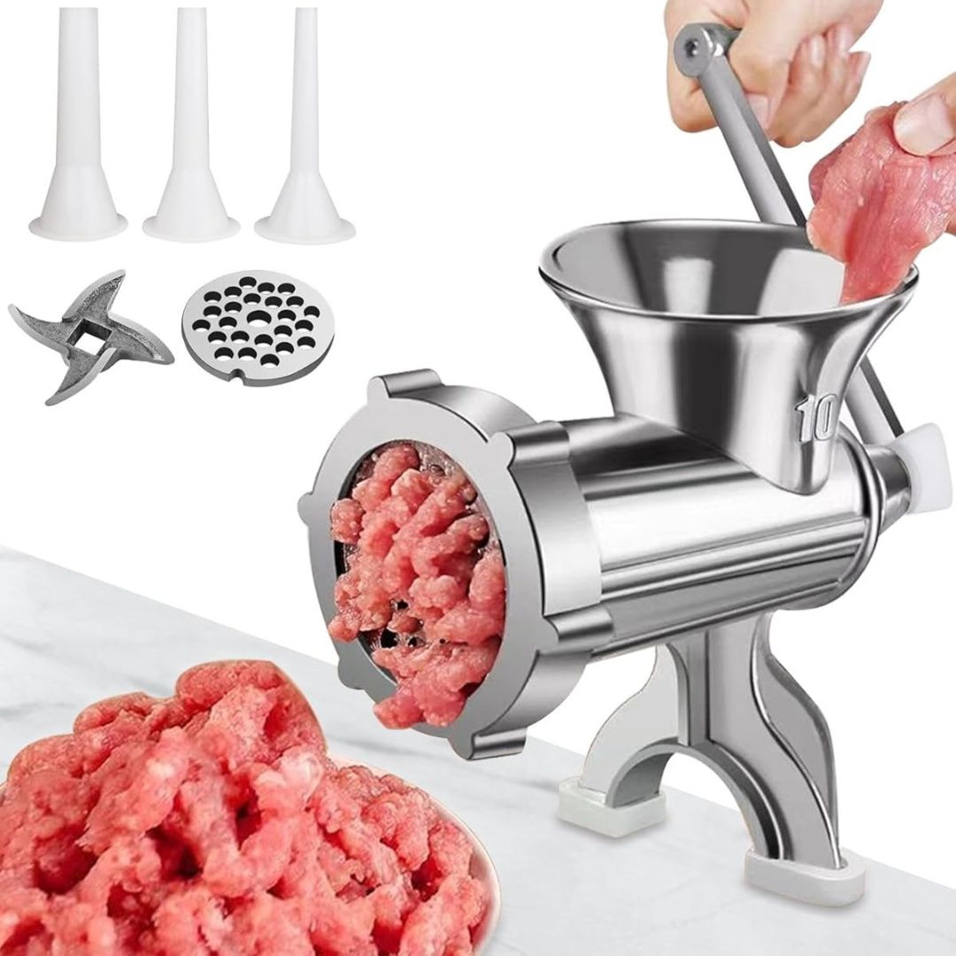 Stainless Steel Manual Meat Grinder
Material: Made from durable, rust-resistant stainless steel.
Manual Operation: No electricity needed—perfect for home and outdoor use.
Multi-Function: Ideal for grinding meat, garlic, vegetables, and more.
Clamp Design: Firmly attaches to countertops for stable use.
Easy to Clean: Disassembles for quick and thorough cleaning.
Compact Size: Space-saving and easy to store.