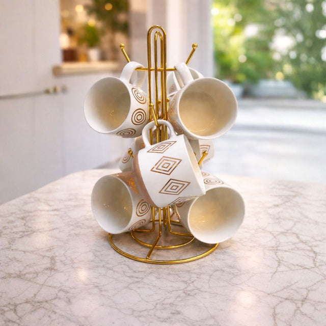Geometric Pattern Ceramic Mug Set with Gold Stand – Six Cups