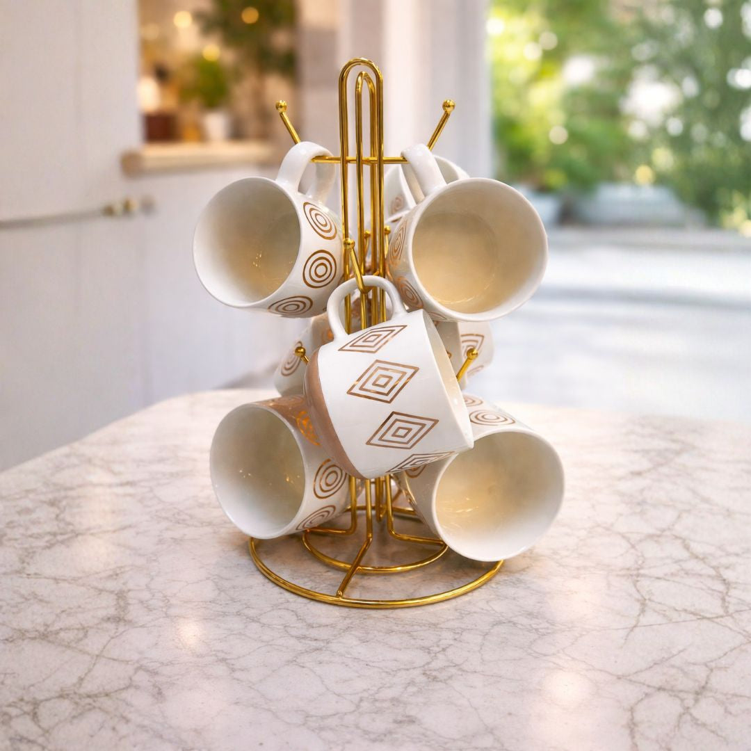 Geometric Pattern Ceramic Mug Set with Gold Stand – Six Cups