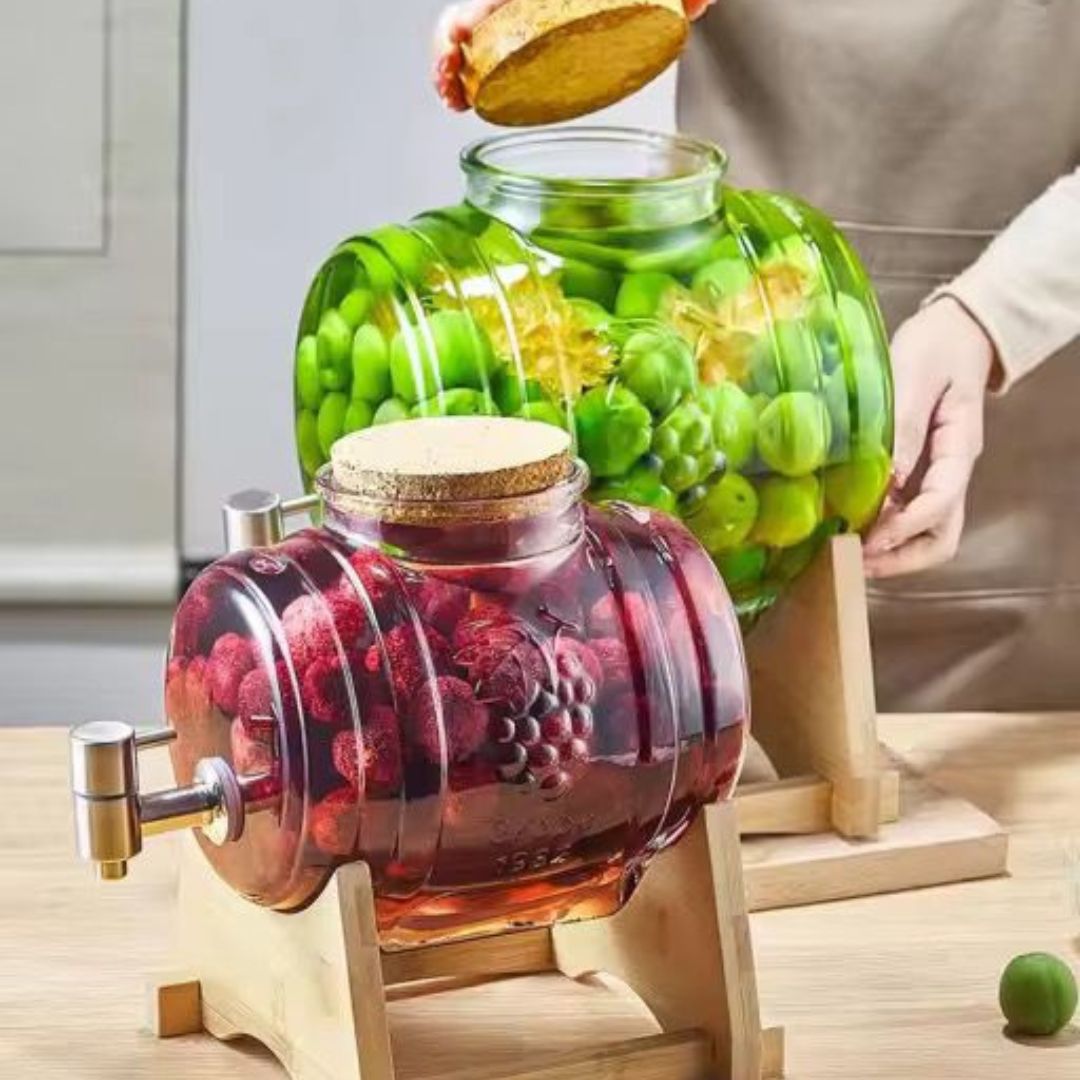 Glass Beverage Dispenser with Faucet, Wood Cork Lid & Bamboo Stand (3L & 5L Options)